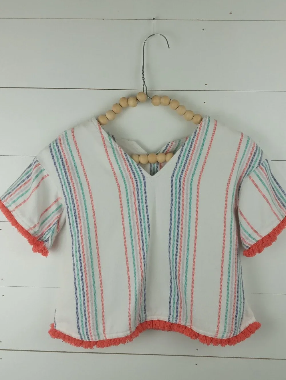 Gymboree girls size 3 white with colorful stripes fringe trim top stripe